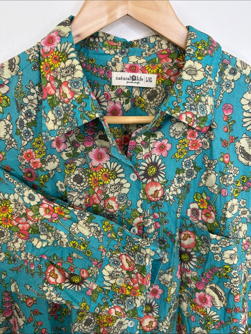 Natural Life L/XL Floral Cotton Button Down Shirt, Mother of Pearl Buttons Top
